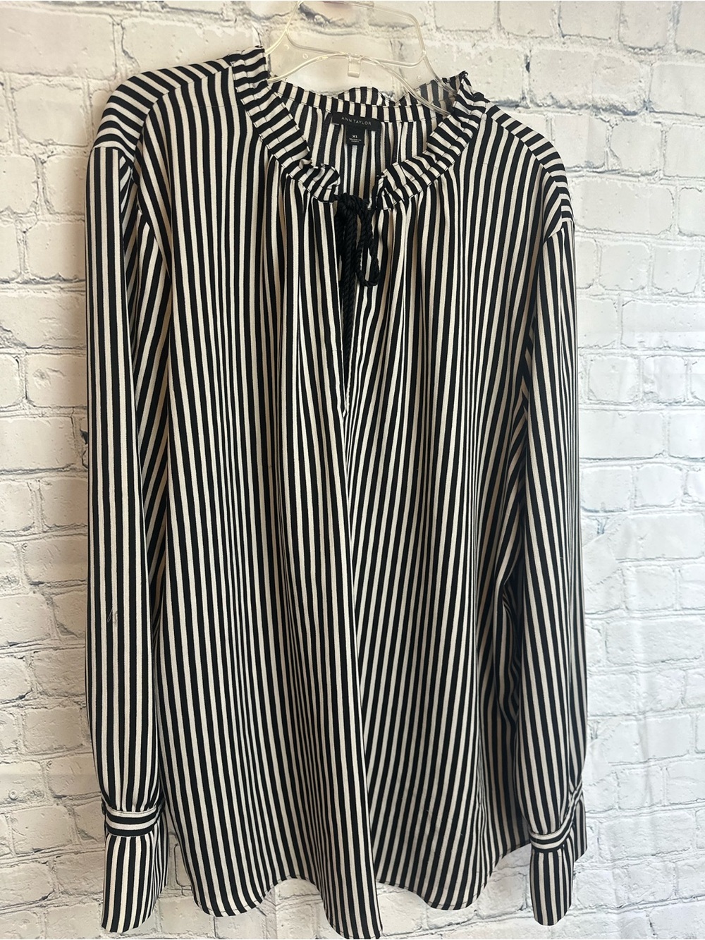 Ann Taylor Black and White Vertical Stripe Tie-Neck Blouse